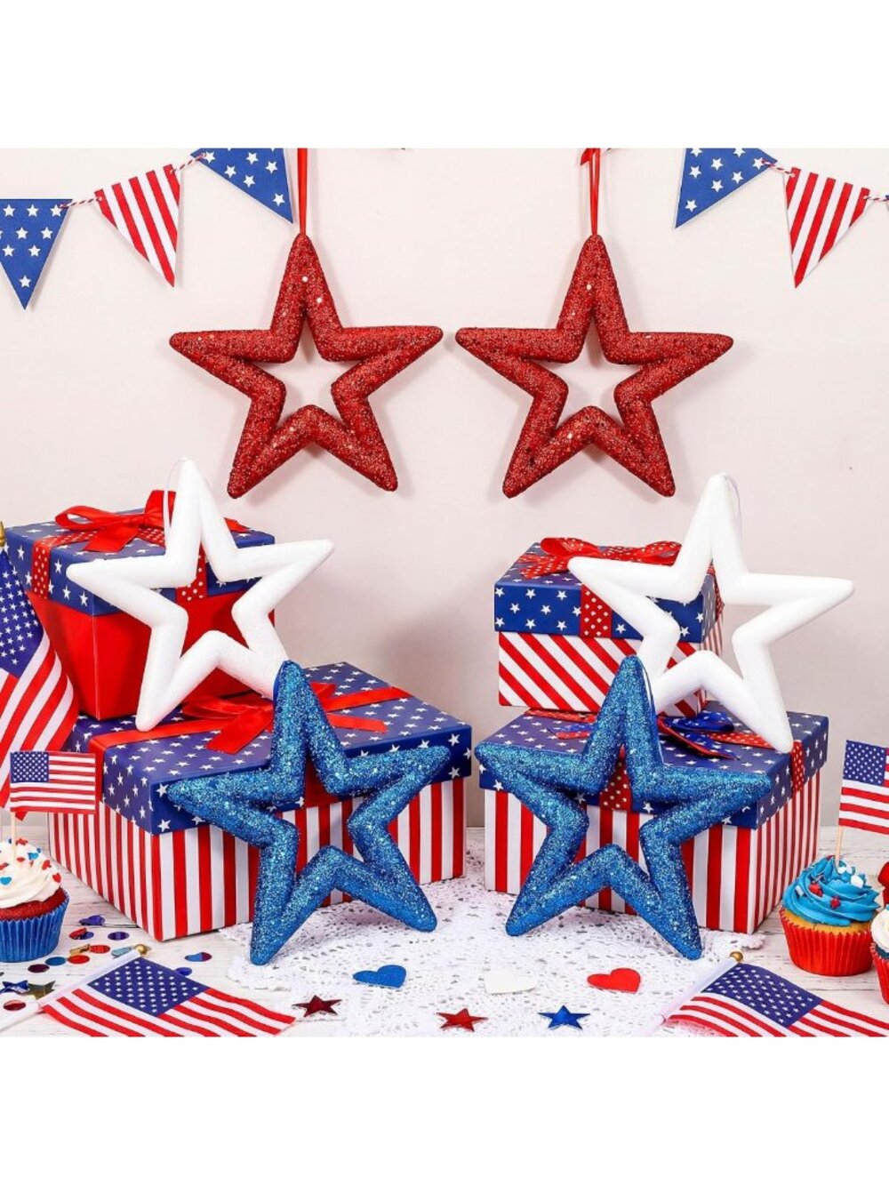 6 Pcs Patriotic 4th of July Star Ornaments - Red White Blue Hanging Decor for